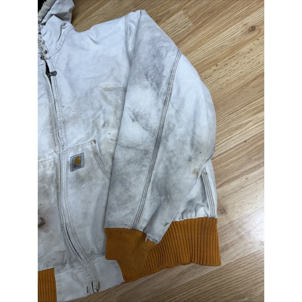 Vintage 90s Carhartt Hooded Jacket Quilt Lined Thrashed Off White Orange Trim